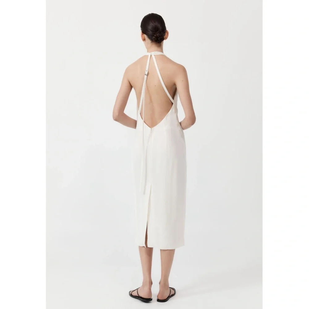 574. ST. AGNI Asymmetrical Belt Back Off White Midi Dress $449 Like New XS - Picture 3 of 5